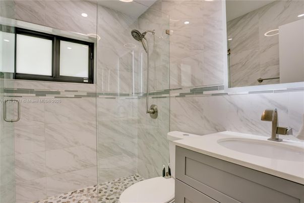 Bathroom, Glass Shower, Interior, Marble Walls, Recessed Lighting
