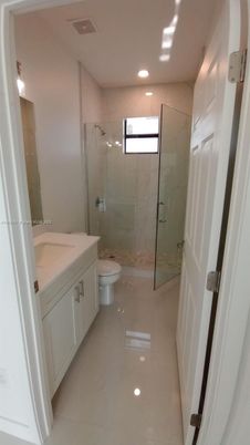 Bathroom, Glass Shower, Interior, Marble Walls, Recessed Lighting