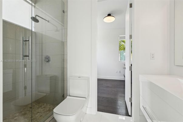 Bathroom, Glass Shower, Interior, Wood Texture Flooring