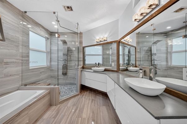 Bathroom, Dual Sink Vanities, Glass Shower, Interior, Recessed Lighting