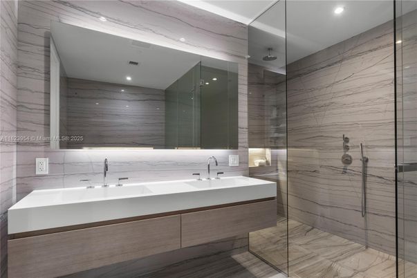 Bathroom, Glass Shower, Interior, Marble, Marble Walls, Recessed Lighting