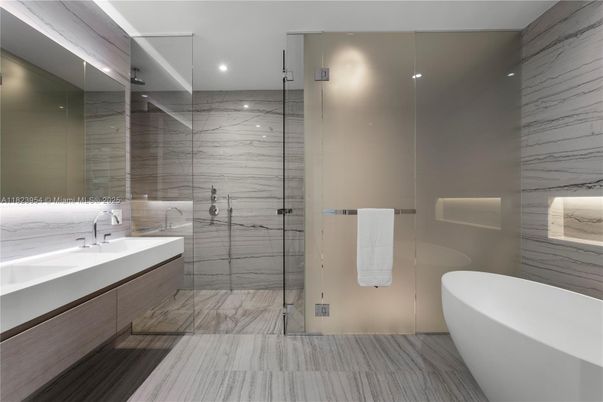 Bathroom, Dual Sink Vanities, Free Standing Baths, Glass Shower, Interior, Marble, Recessed Lighting