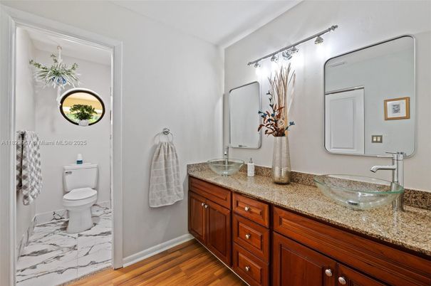 Bathroom, Dual Sink Vanities, Interior, Marble, Wood Texture Flooring
