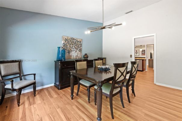 Dining room, Interior, Pendant Lights, Wood Texture Flooring