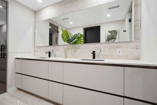 Bathroom, Dual Sink Vanities, Interior, Recessed Lighting, Wood Texture Flooring