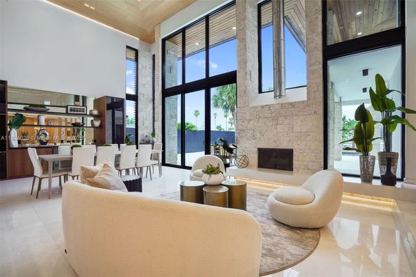 Dining room, Fireplace, Interior, Kitchen, Living room, Recessed Lighting, Stone Walls