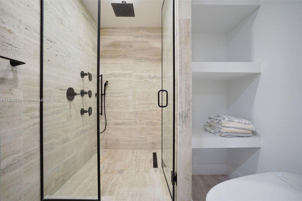 Bathroom, Glass Shower, Interior, Wood Texture Flooring