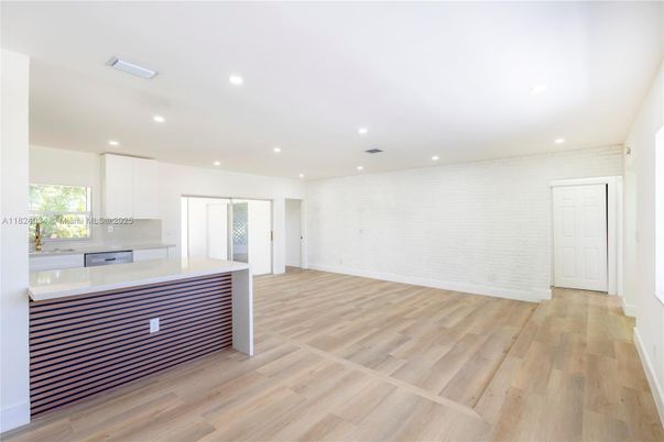 Empty room, Interior, Kitchen, Recessed Lighting, Wood Texture Flooring