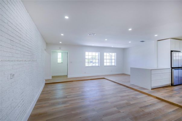 Empty room, Interior, Kitchen, Recessed Lighting, Wood Texture Flooring