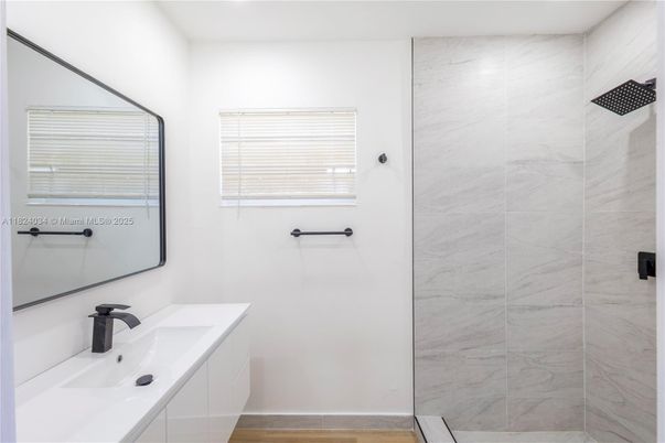 Bathroom, Glass Shower, Interior, Marble Walls, Wood Texture Flooring
