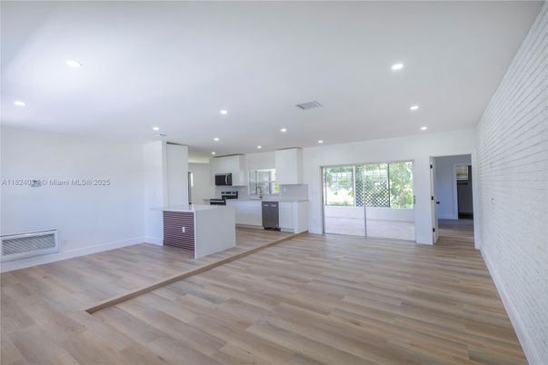Empty room, Interior, Kitchen, Recessed Lighting, Wood Texture Flooring