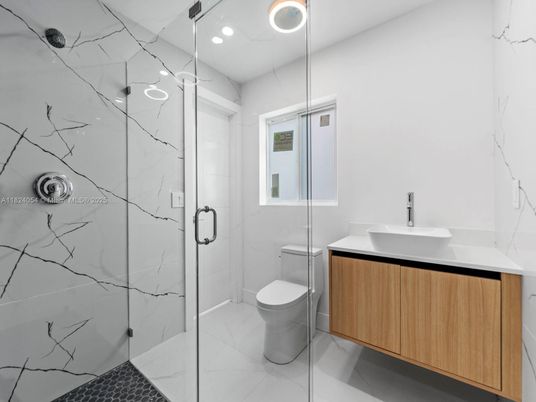 Bathroom, Glass Shower, Interior, Marble Walls, Recessed Lighting