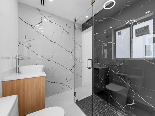Bathroom, Glass Shower, Interior, Marble Walls, Recessed Lighting