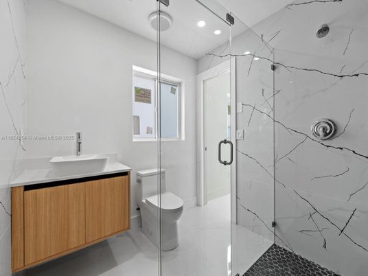 Bathroom, Glass Shower, Interior, Marble Walls, Recessed Lighting