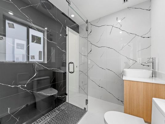 Bathroom, Glass Shower, Interior, Marble Walls, Recessed Lighting