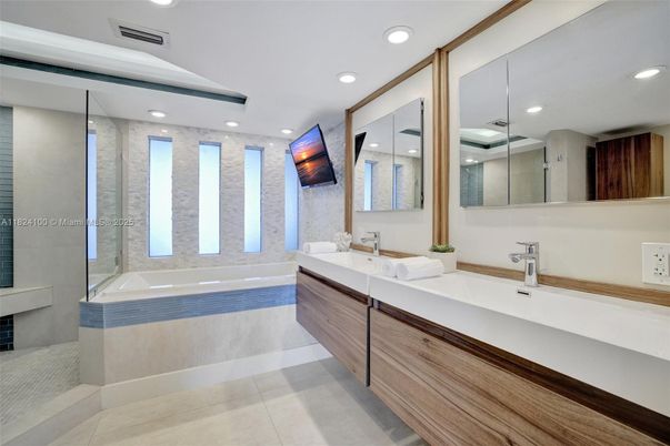 Bathroom, Dual Sink Vanities, Glass Shower, Interior, Recessed Lighting