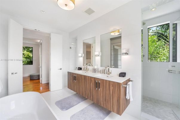 Bathroom, Dual Sink Vanities, Interior, Recessed Lighting, Wood Texture Flooring