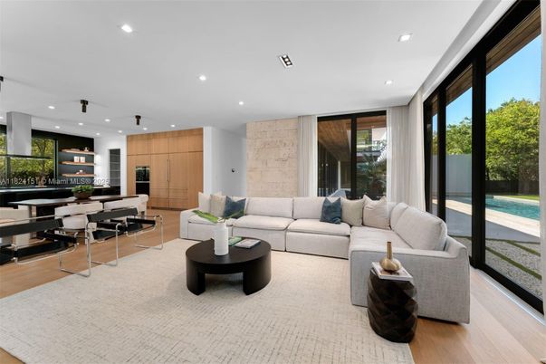 Dining room, Interior, Living room, Recessed Lighting, Stone Walls, Wood Texture Flooring