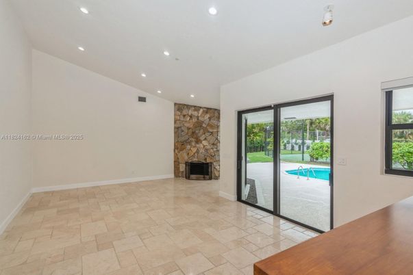Empty room, Fireplace, Interior, Recessed Lighting, Stone Walls