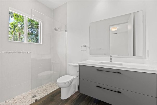 Bathroom, Glass Shower, Interior, Wood Texture Flooring