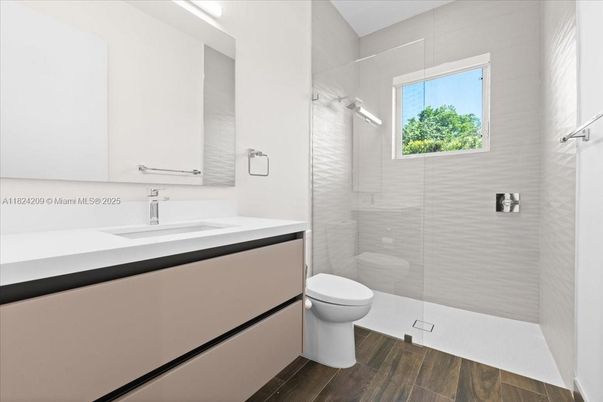 Bathroom, Glass Shower, Interior, Wood Texture Flooring