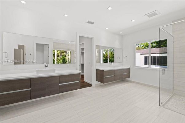Bathroom, Dual Sink Vanities, Glass Shower, Interior, Recessed Lighting