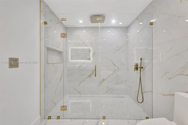 Bathroom, Glass Shower, Interior, Marble Walls, Recessed Lighting