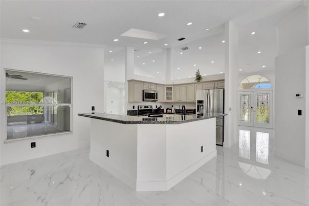Interior, Kitchen, Marble, Recessed Lighting, Stainless Steel Appliances
