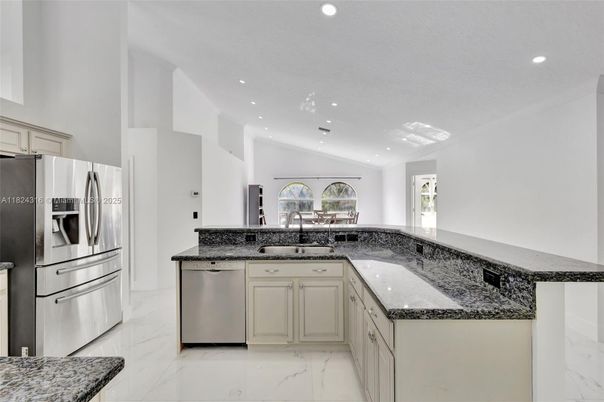 Interior, Kitchen, Marble, Recessed Lighting, Stainless Steel Appliances