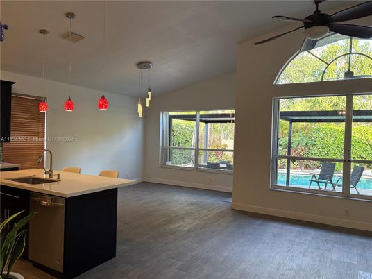 Dining room, Interior, Kitchen, Pendant Lights, Wood Texture Flooring