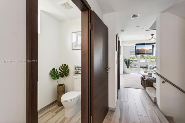 Bathroom, Interior, Pendant Lights, Wood Texture Flooring