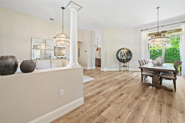 Chandelier, Dining room, Interior, Pendant Lights, Wood Texture Flooring