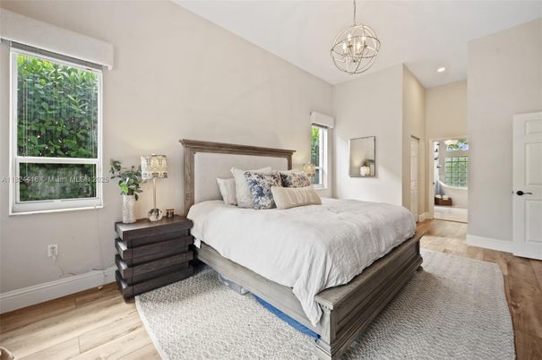 Bedroom, Interior, Pendant Lights, Recessed Lighting, Wood Texture Flooring