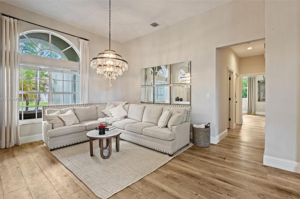 Chandelier, Interior, Living room, Recessed Lighting, Wood Texture Flooring