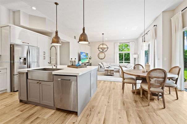 Dining room, Interior, Kitchen, Living room, Pendant Lights, Recessed Lighting, Stainless Steel Appliances, Wood Texture Flooring