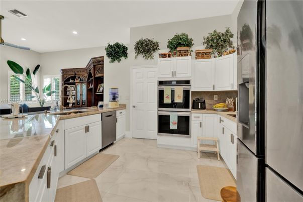 Interior, Kitchen, Marble, Recessed Lighting, Stainless Steel Appliances