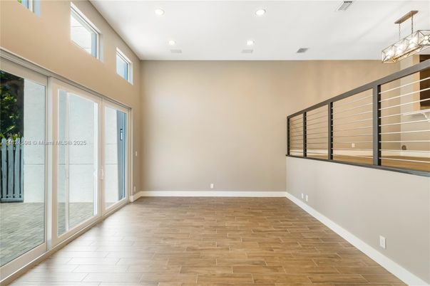 Empty room, Interior, Pendant Lights, Recessed Lighting, Wood Texture Flooring