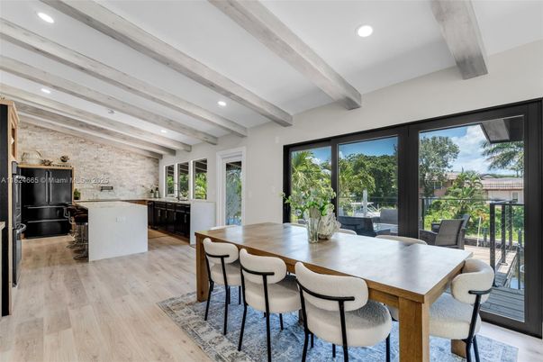 Dining room, Interior, Kitchen, Recessed Lighting, Stone Walls, Wooden Beams, Wood Texture Flooring