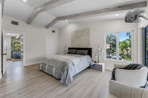 Bedroom, Interior, Recessed Lighting, Wooden Beams, Wood Texture Flooring