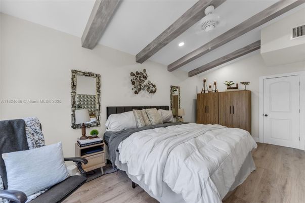 Bedroom, Interior, Recessed Lighting, Wooden Beams, Wood Texture Flooring