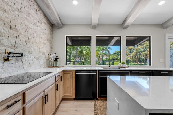 Interior, Kitchen, Recessed Lighting, Stone Walls, Wood Texture Flooring