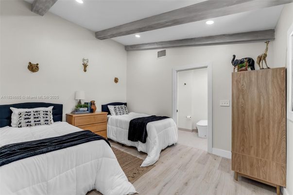 Bedroom, Interior, Recessed Lighting, Wooden Beams, Wood Texture Flooring