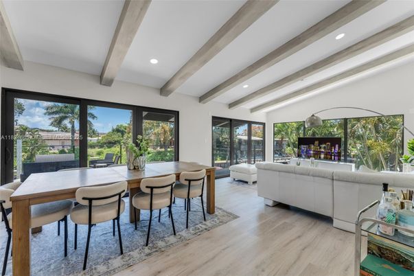 Dining room, Interior, Living room, Recessed Lighting, Wooden Beams, Wood Texture Flooring