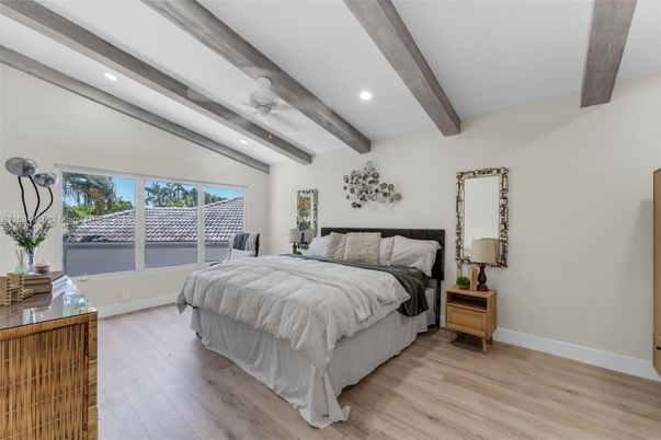 Bedroom, Interior, Recessed Lighting, Wooden Beams, Wood Texture Flooring