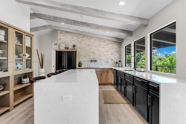 Interior, Kitchen, Recessed Lighting, Stone Walls, Wooden Beams, Wood Texture Flooring