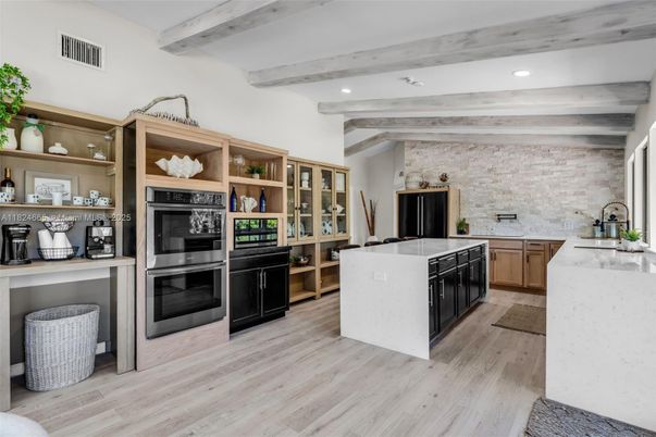 Interior, Kitchen, Recessed Lighting, Stone Walls, Wooden Beams, Wood Texture Flooring