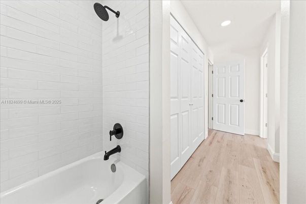 Bathroom, Interior, Recessed Lighting, Wood Texture Flooring