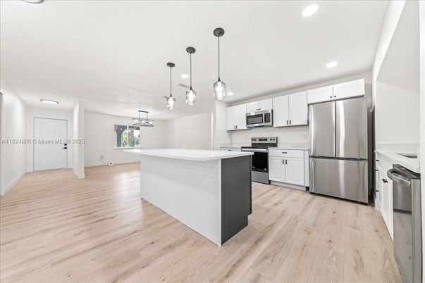 Interior, Kitchen, Pendant Lights, Recessed Lighting, Stainless Steel Appliances, Wood Texture Flooring