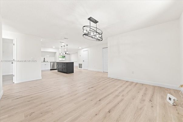 Chandelier, Empty room, Interior, Kitchen, Pendant Lights, Recessed Lighting, Wood Texture Flooring