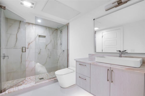 Bathroom, Glass Shower, Interior, Marble Walls, Recessed Lighting